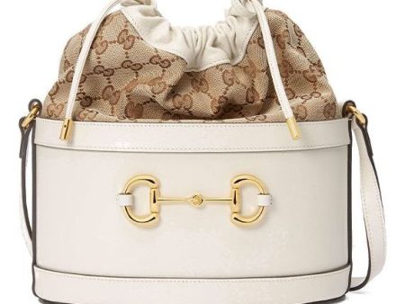 (WMNS) Gucci Horsebit 1955 Retro Gold buckle Logo Canvas Drawstring Shoulder Messenger Bag White 602118-1DBUG-9095 For Cheap