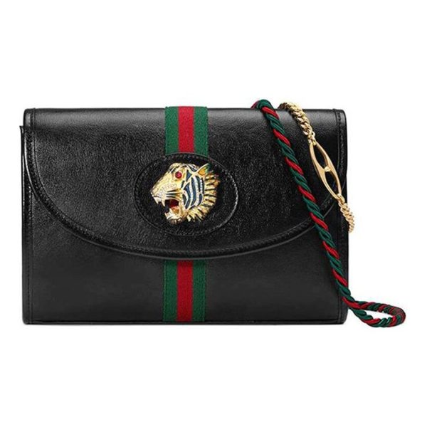 (WMNS) Gucci Rajah Enamel Tiger Head Stripe Webbing Leather Chain Shoulder Messenger Bag Black Retro 564697-0OLKX-8389 Discount