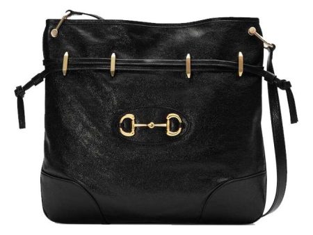 (WMNS) Gucci Horsebit 1955 Retro Gold buckle Leather Drawstring Shoulder Messenger Bag Black 602089-1IV0G-1000 For Discount