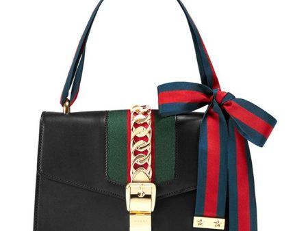 (WMNS) Gucci Sylvie Gold buckle Stripe Webbing Bow Wide Version Leather handbag Small Black 421882CVLEG-8638 Online