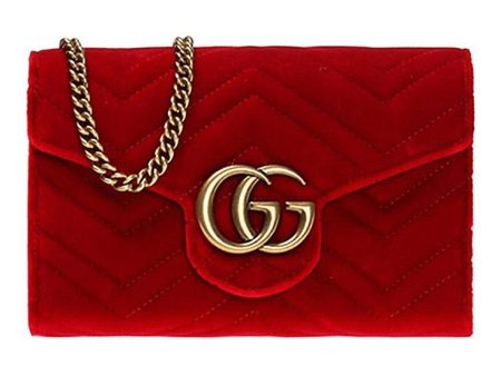 (WMNS) Gucci GG Marmont Gold Logo Distress Velvet Chain Shoulder Messenger Bag Mini Red 474575-9QIDT-6433 Cheap