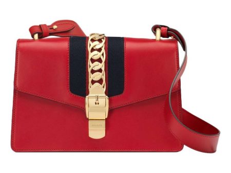 (WMNS) Gucci Sylvie Gold buckle Stripe Webbing Bow Wide Version Leather handbag Small Red 421882-CVLEG-8604 Online