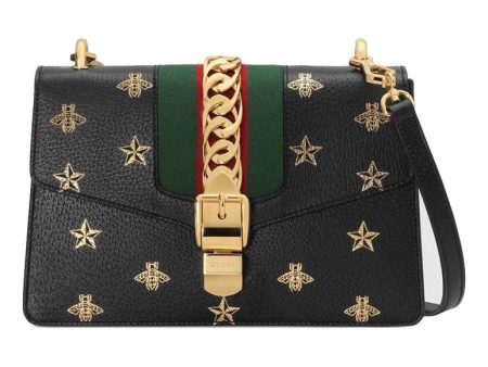 (WMNS) Gucci Sylvie Gold buckle Bee Pattern Stripe Webbing Bow handbag Small Black Classic 524405-DJ2RG-8571 Online now