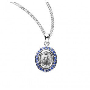 Sterling Silver Sapphire Cubic Zirconia Miraculous Medal With Chain Hot on Sale