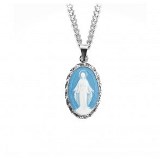 Sterling Silver With Light Blue Genuine Italian Cameo Miraculous Medal on Chain For Sale