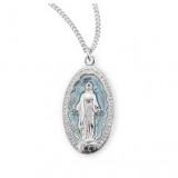 Sterling Silver Light Blue Enameled Miraculous Medal With Chain For Sale